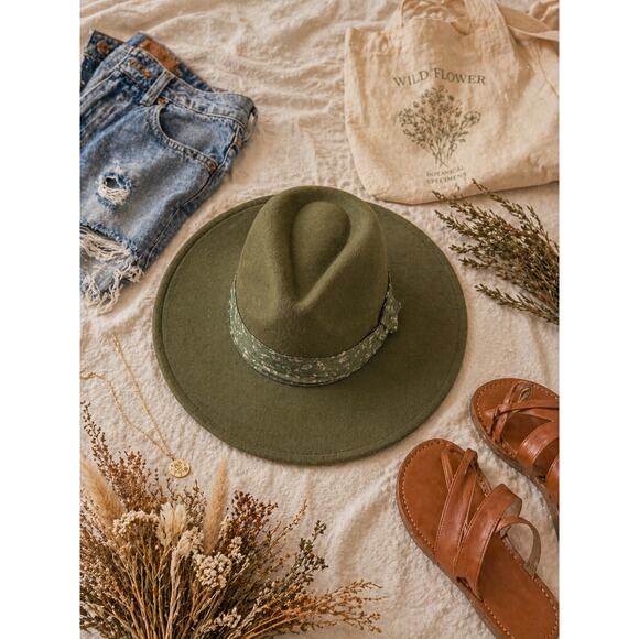 Accessories - Olive Green Boho Wide Brim Hat Structured Crown Floral Band Western